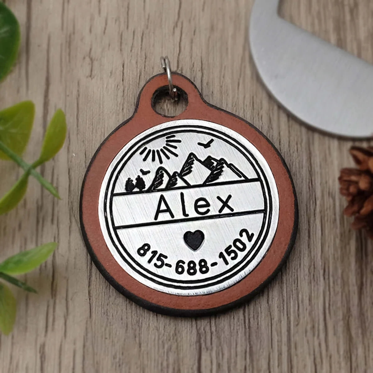 Custom Engraved Mountain Scene Leather or Wood Dog Tag