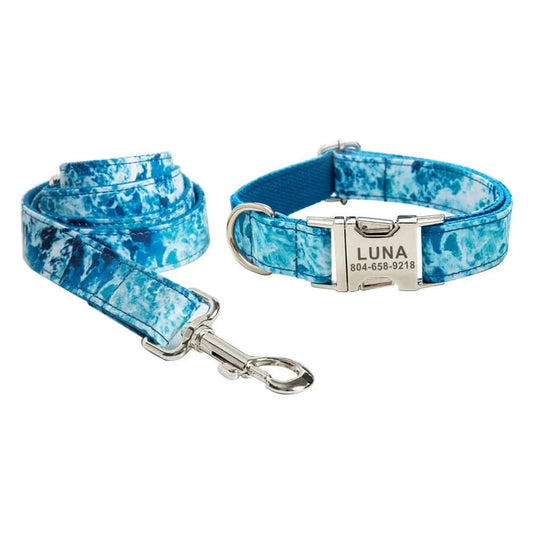 Personalized ID Tag Blue Sea Wave Pet Collar & Leash