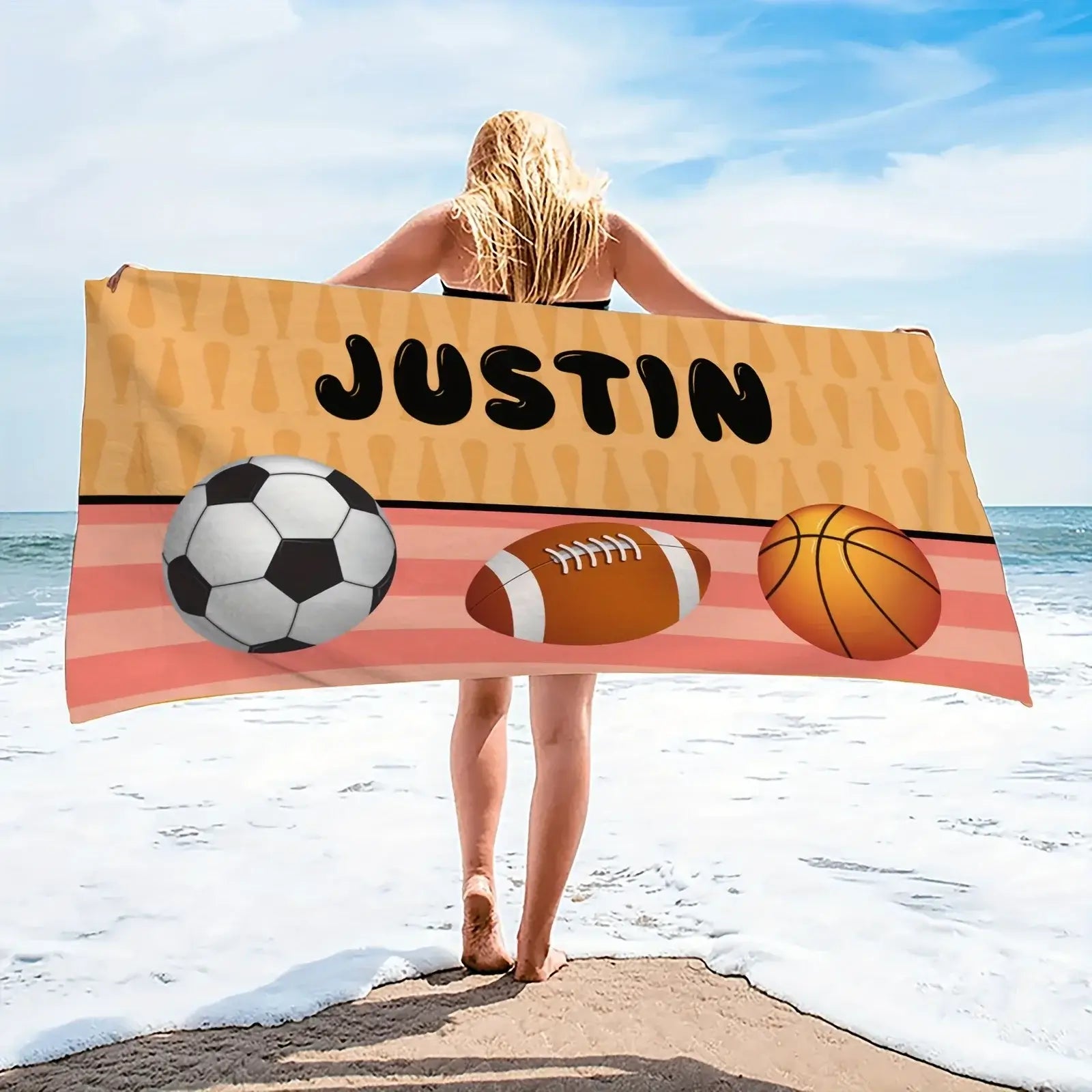 Personalized Name Sports Beach Towel Football Soccer Basketball