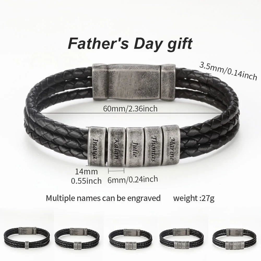 Men's Personalized Braided Leather Retro Stainless Steel Name Bead Bracelet