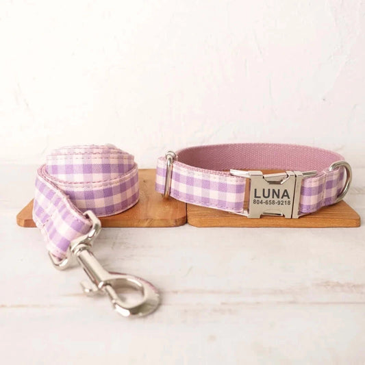 Personalized ID Tag Pink & Purple Plaid Dog Collar & Leash