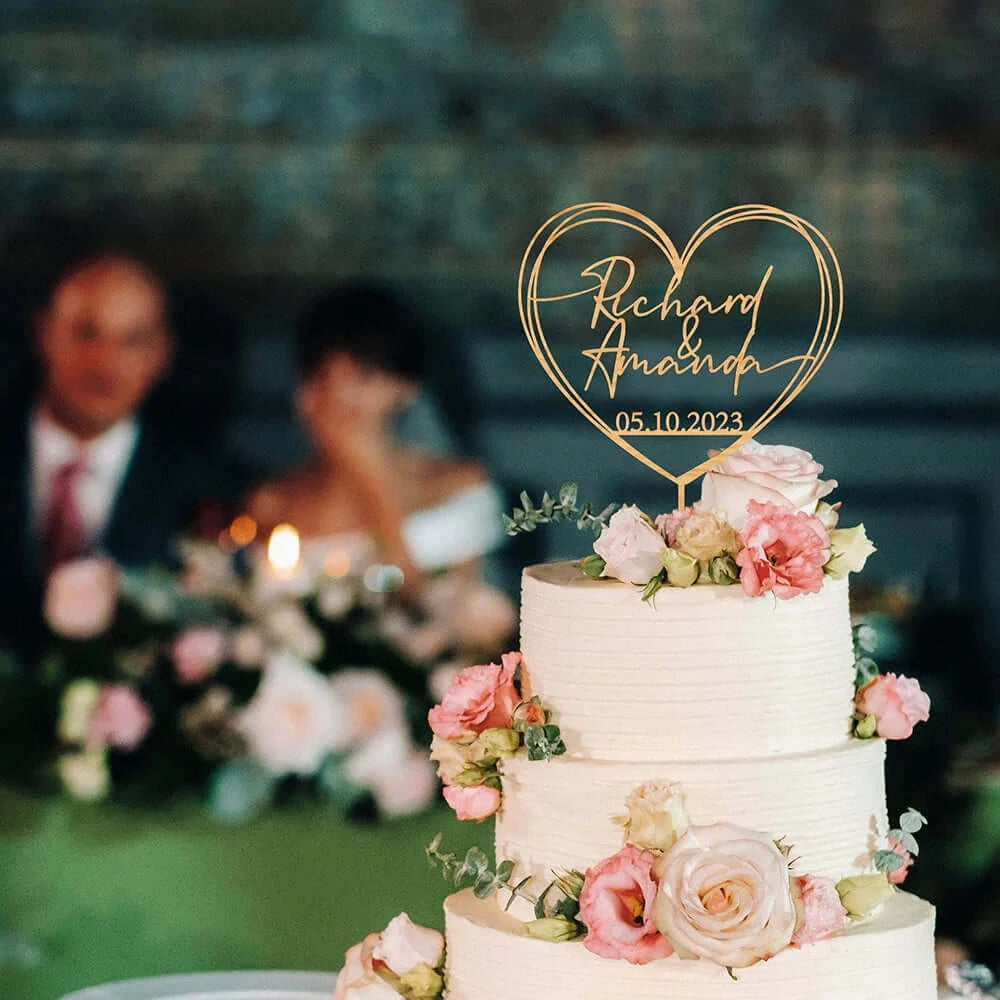 Personalized Custom Wedding Cake Topper with a Heart and Date