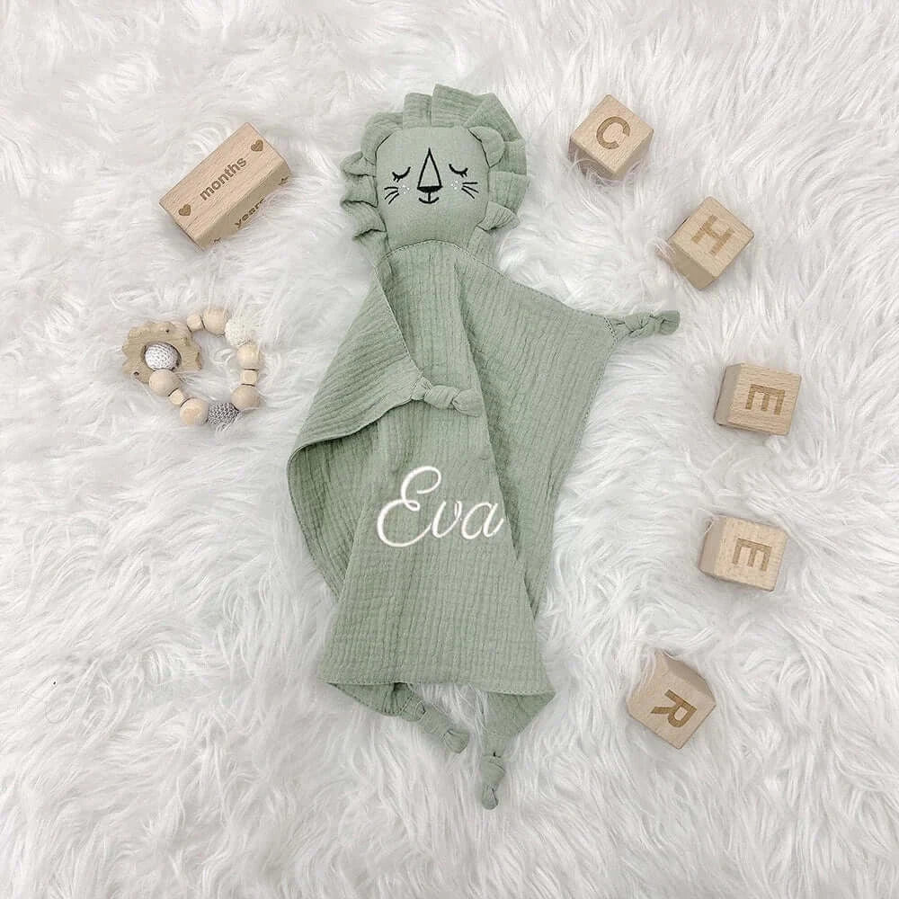 Personalized Embroidered Name Lion Muslin Cotton Baby Blanket Lovie