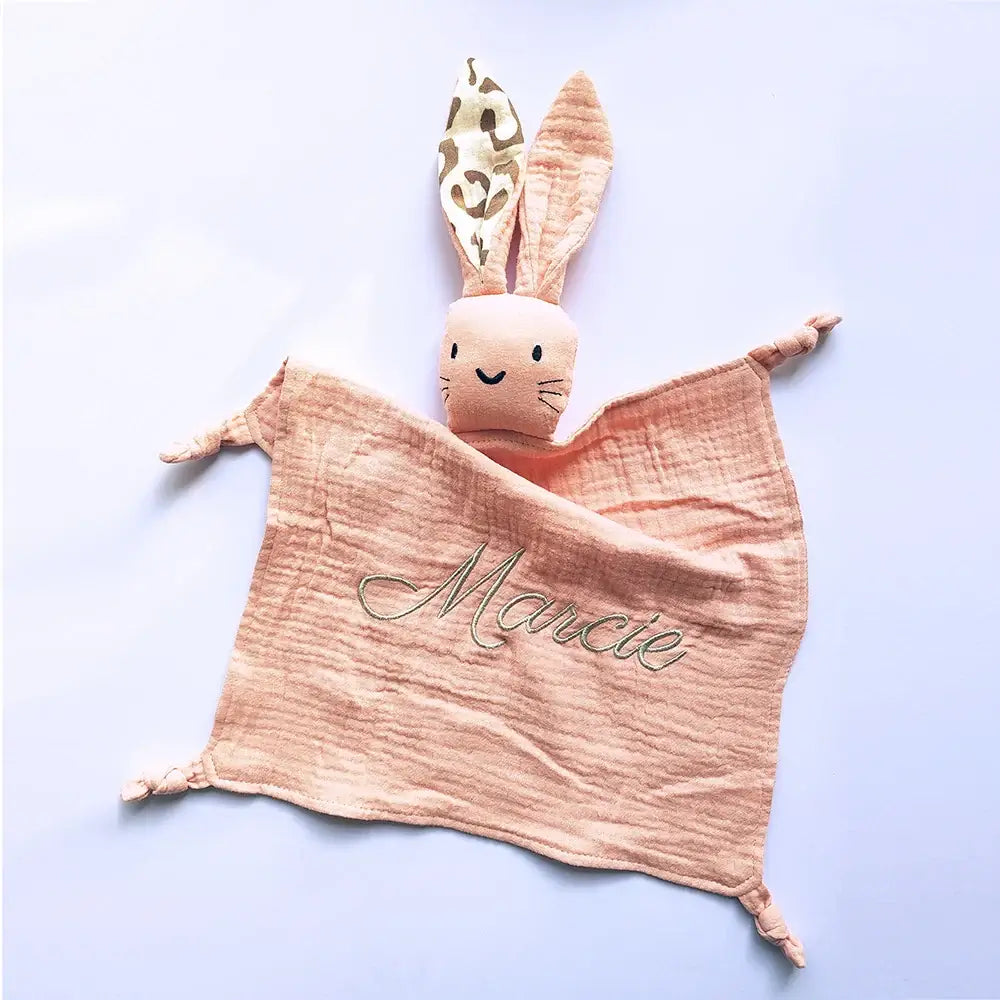 Personalized Embroidered Name Bunny Muslin Cotton Baby Blanket Lovie