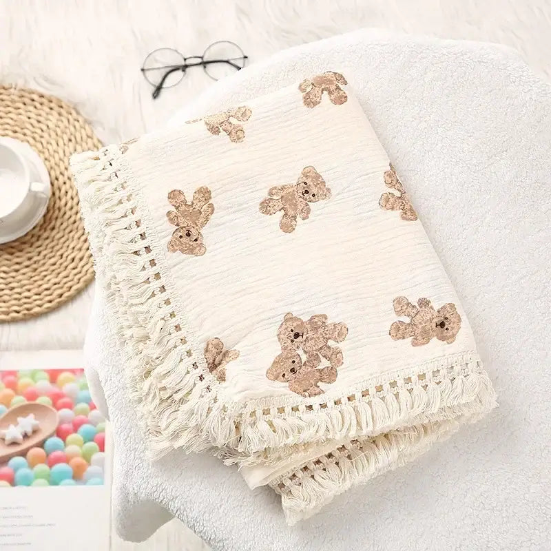 Personalized Embroidered Cotton Muslin Tassel Baby Swaddle Blanket