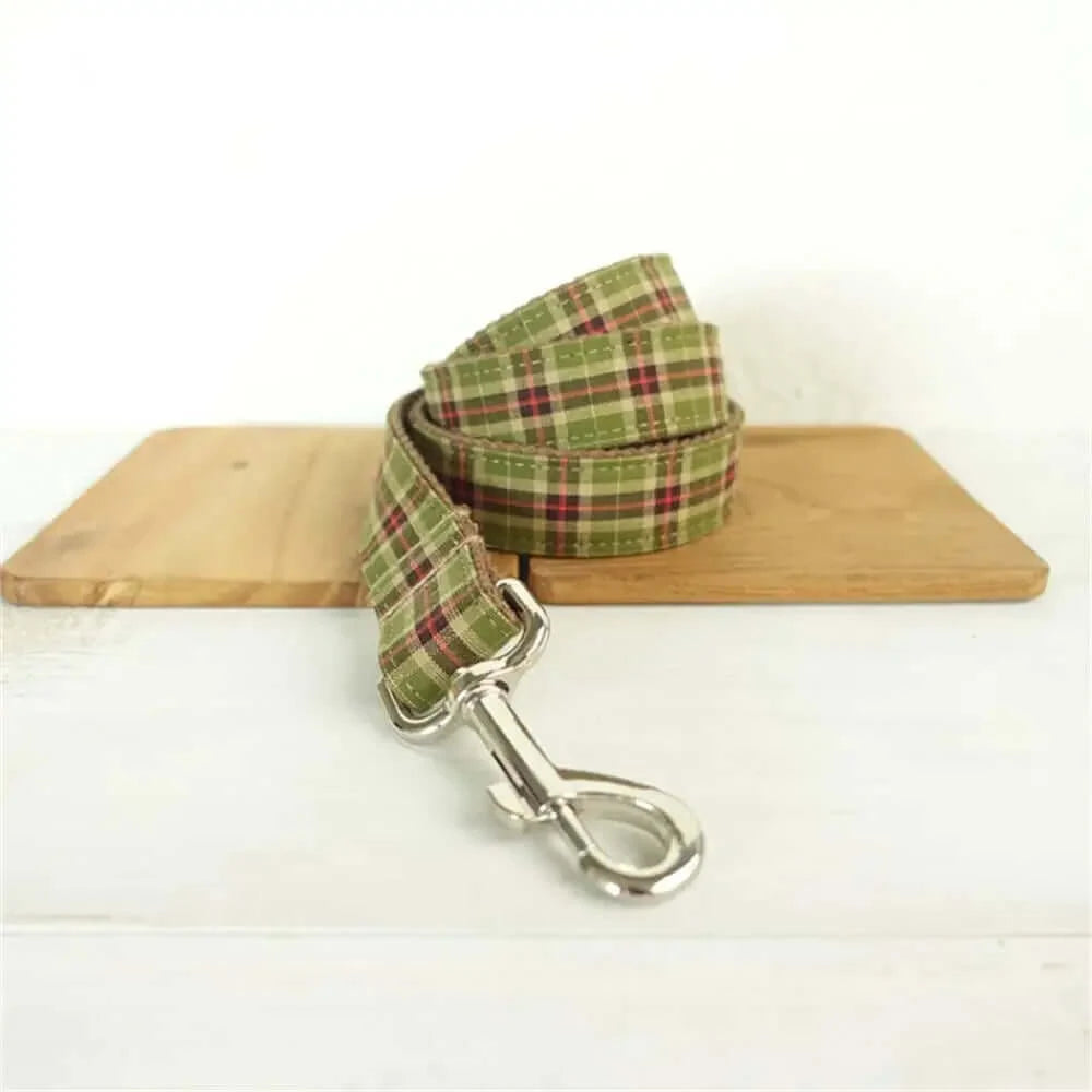 Personalized ID Tag Green & Brown Plaid Pet Collar & Leash