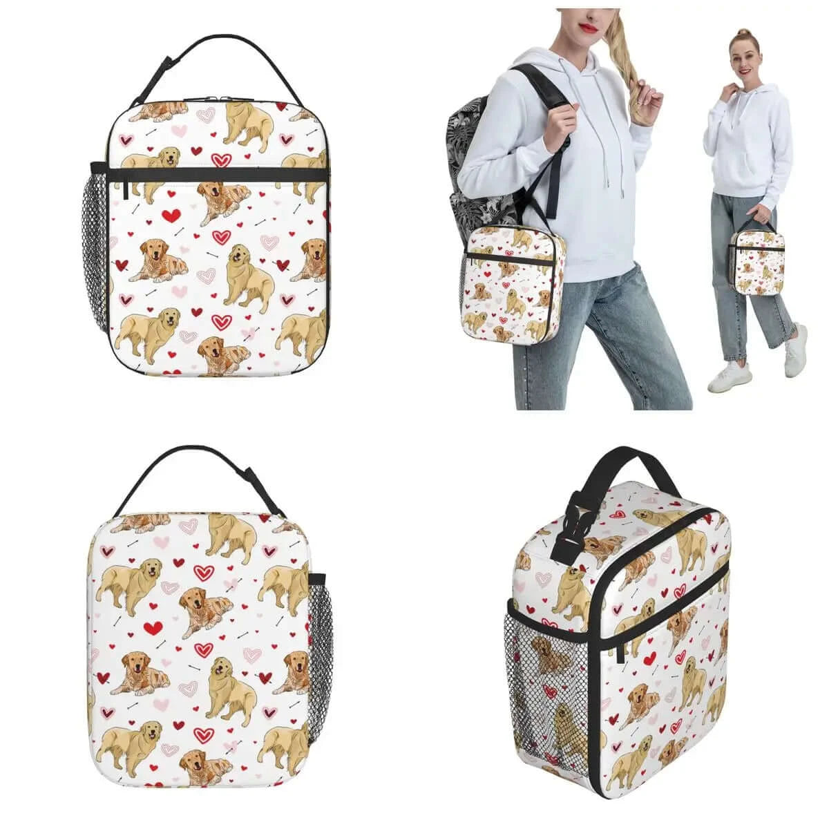 Insulated Golden Retriever Dog Love Doodles Hearts Lunch Bag