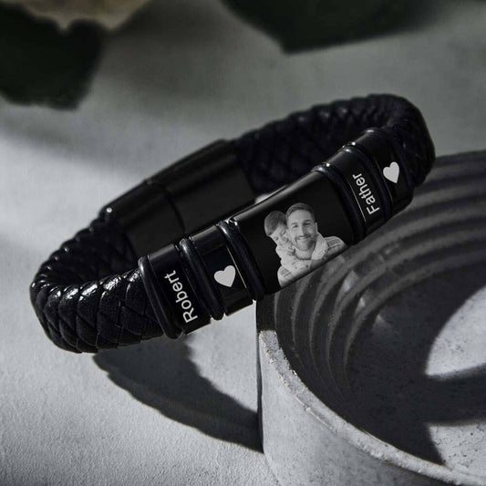 Men's Personalized Photo Engraved Braided Leather Bracelet