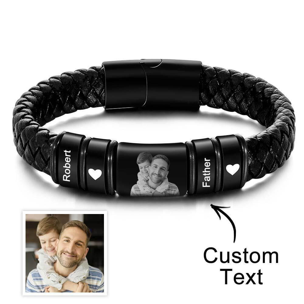 Men's Personalized Photo Engraved Braided Leather Bracelet