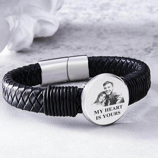 Men's Personalized Engraved Photo Braided Leather Bracelet