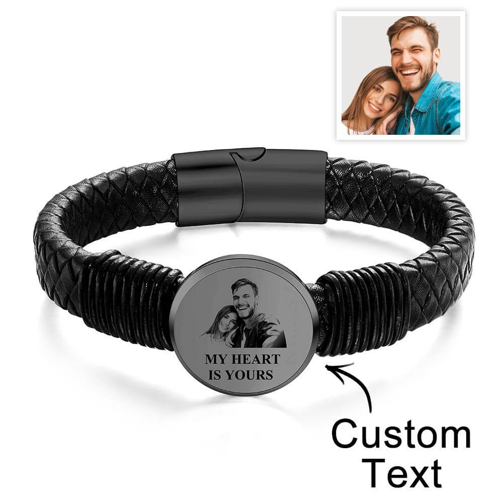 Men's Personalized Engraved Photo Braided Leather Bracelet