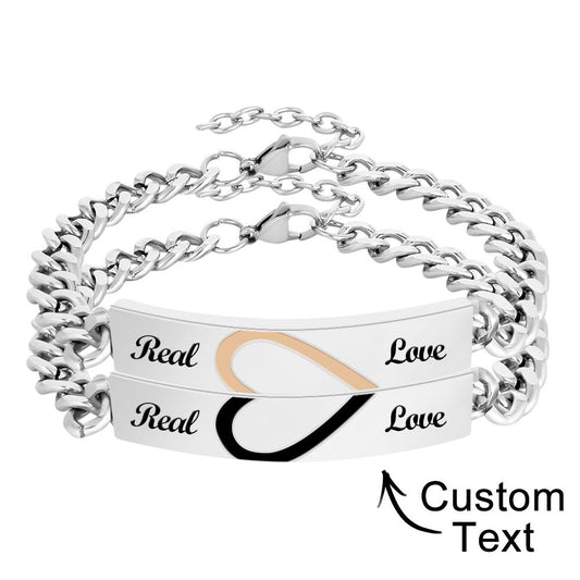 Personalized Engraved Love Heart Wide Chain Couples Bracelet