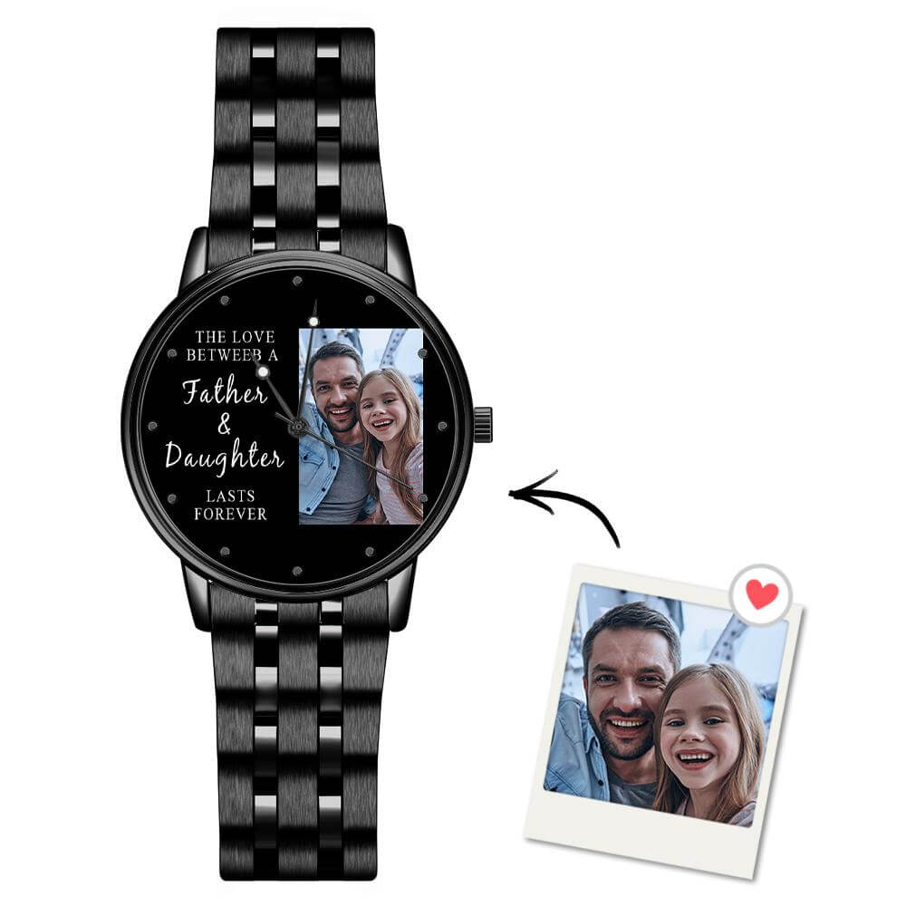 Daddy Daughter Engraved Men's Black Alloy Bracelet Photo Watch 38mm