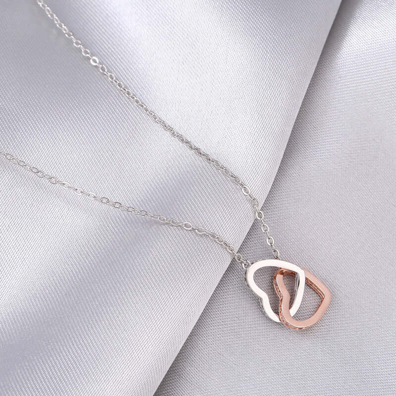 Delicate Two-Tone Heart-to-Heart Double Ring Design Gift Box Necklace for Your Soul Mate