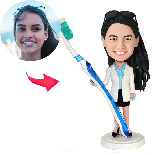 Personalized Custom Female Dentist with A Toothbrush Bobblehead