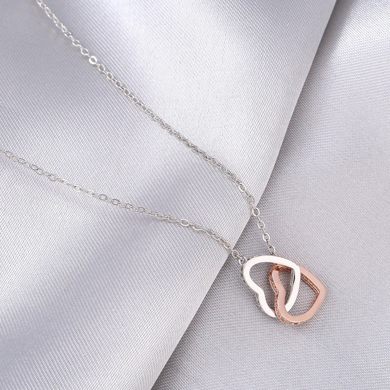 Delicate Two-Tone Diamond Heart-to-Heart Double Interlocking Gift Box Necklace for a Great Mom