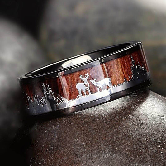 Men's Koa Wood Tungsten Carbide Deer Silhouette Ring