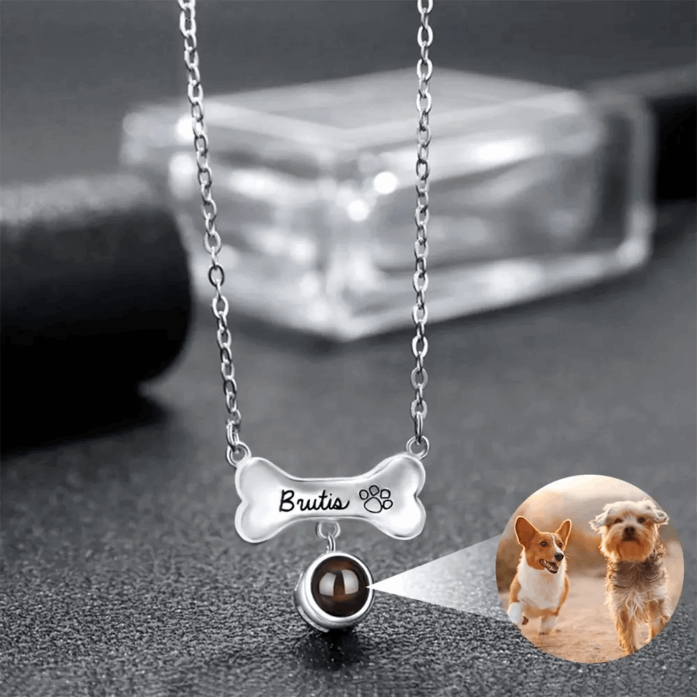 Custom Sterling Silver Dog Bone Photo Projection Necklace with Name