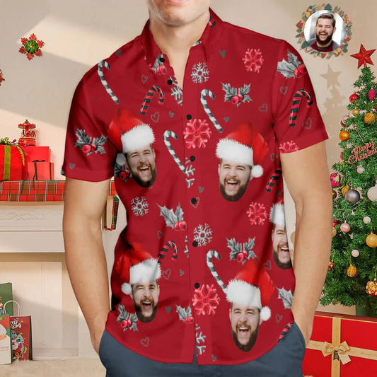 Men's Custom Photo Face Hawaiian Shirt Personalized Photo Christmas Shirts with Candy Canes For Men