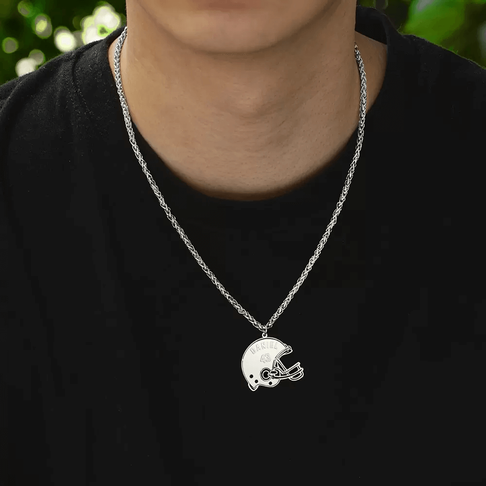 Men's Personalized Stainless Steel Engraved Football Helmet Name Necklace
