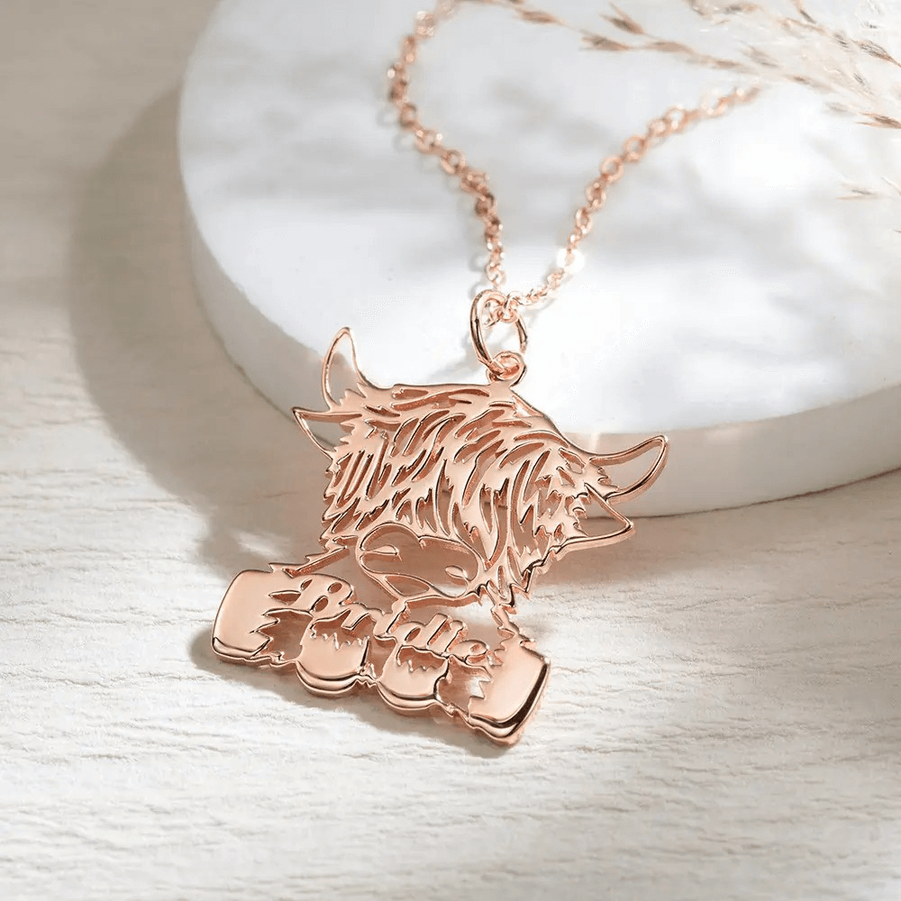 Personalized Name Highland Cow Necklace