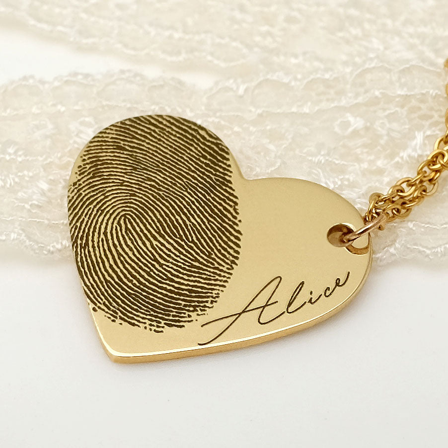 Personalized Titanium Fingerprint and Name Heart Pendant Necklace