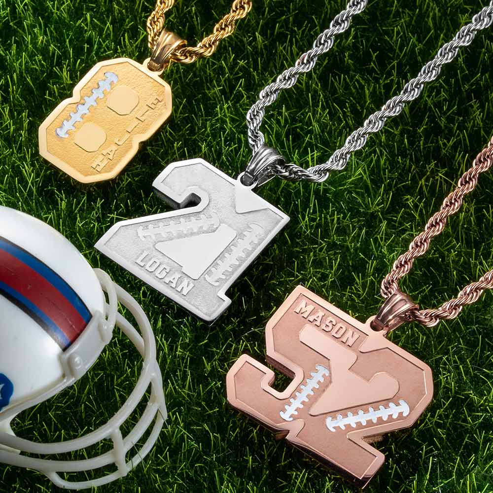 Personalized Stainless Steel Football Name and Number Sports Necklace