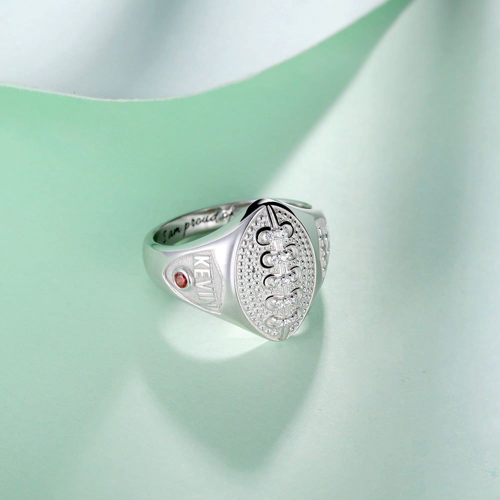 Personalized Football Ring with Birthstone and Engraving in Silver - Premium men's ring from You only Jewelry - Just $46.99! Shop now at giftmeabreak