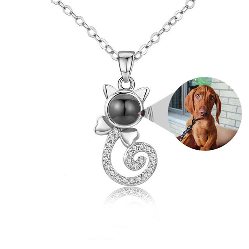 S925 Sterling Silver Personalized Cat Shaped Photo Projection Necklace