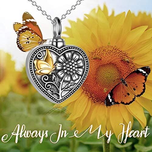 Sterling Silver Sunflower Butterfly Heart Urn Cremation Necklace - Premium necklace from Gift Me A Break - Just $65.99! Shop now at giftmeabreak
