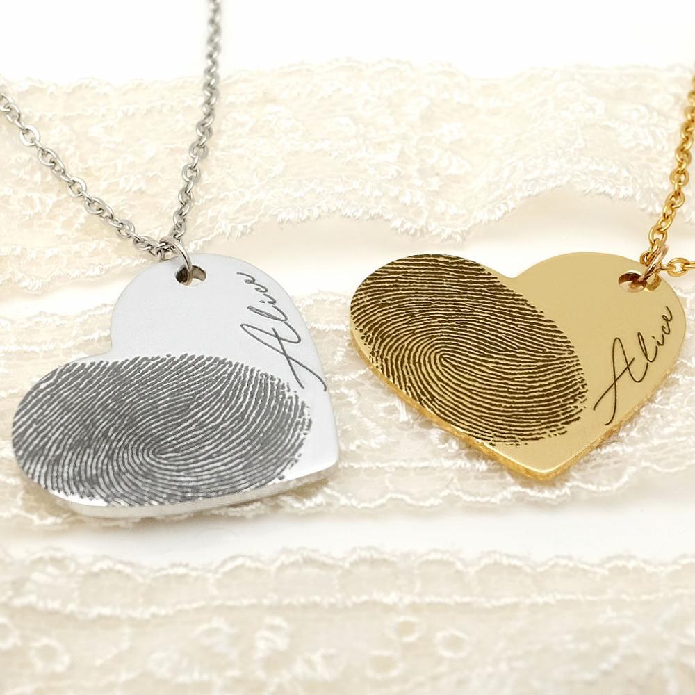 Personalized Titanium Fingerprint and Name Heart Pendant Necklace