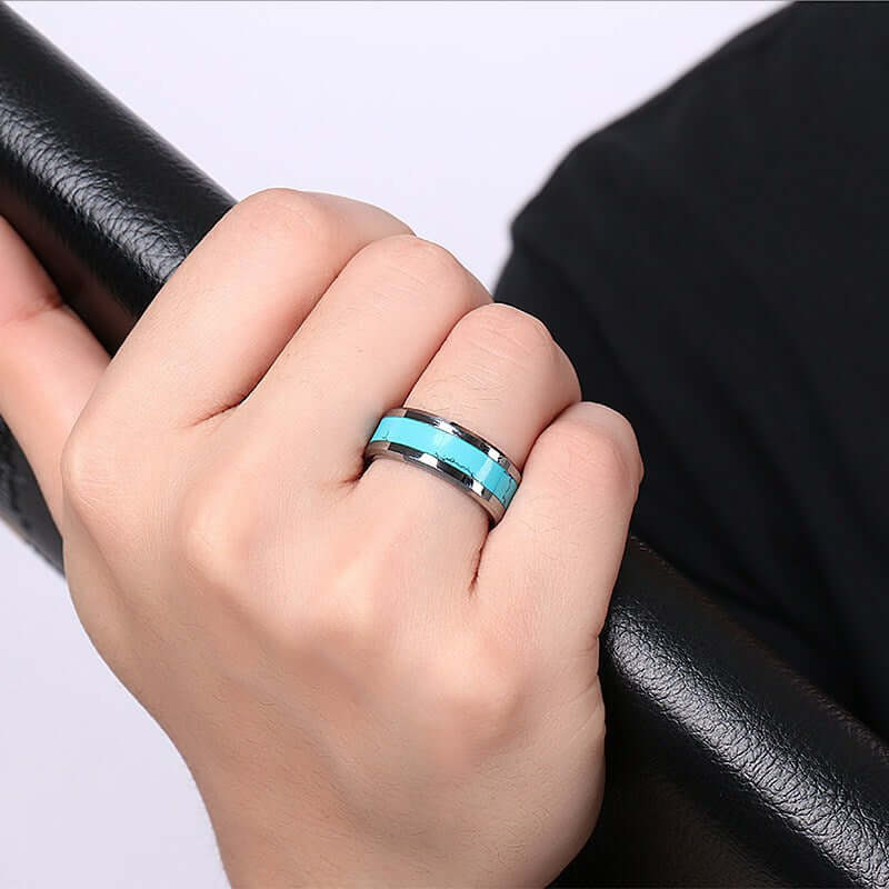 Mens Turquoise Tungsten Steel Ring