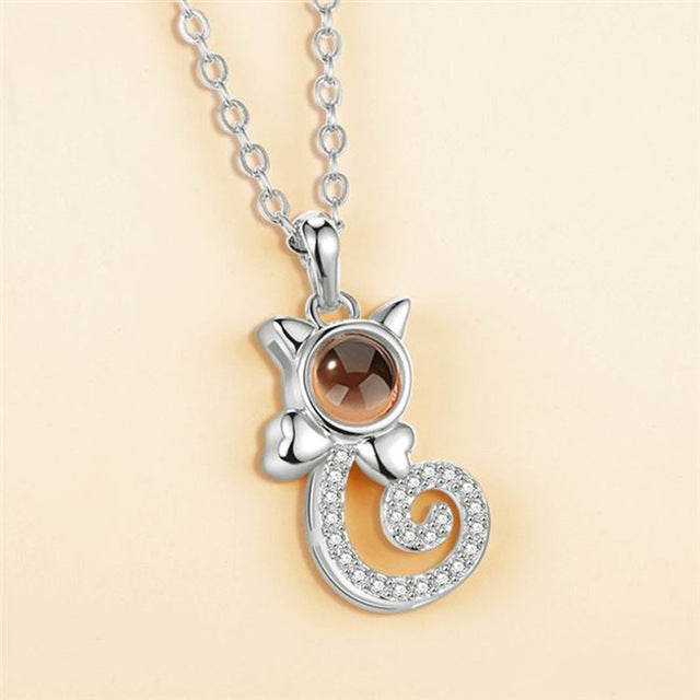 S925 Sterling Silver Personalized Cat Shaped Photo Projection Necklace