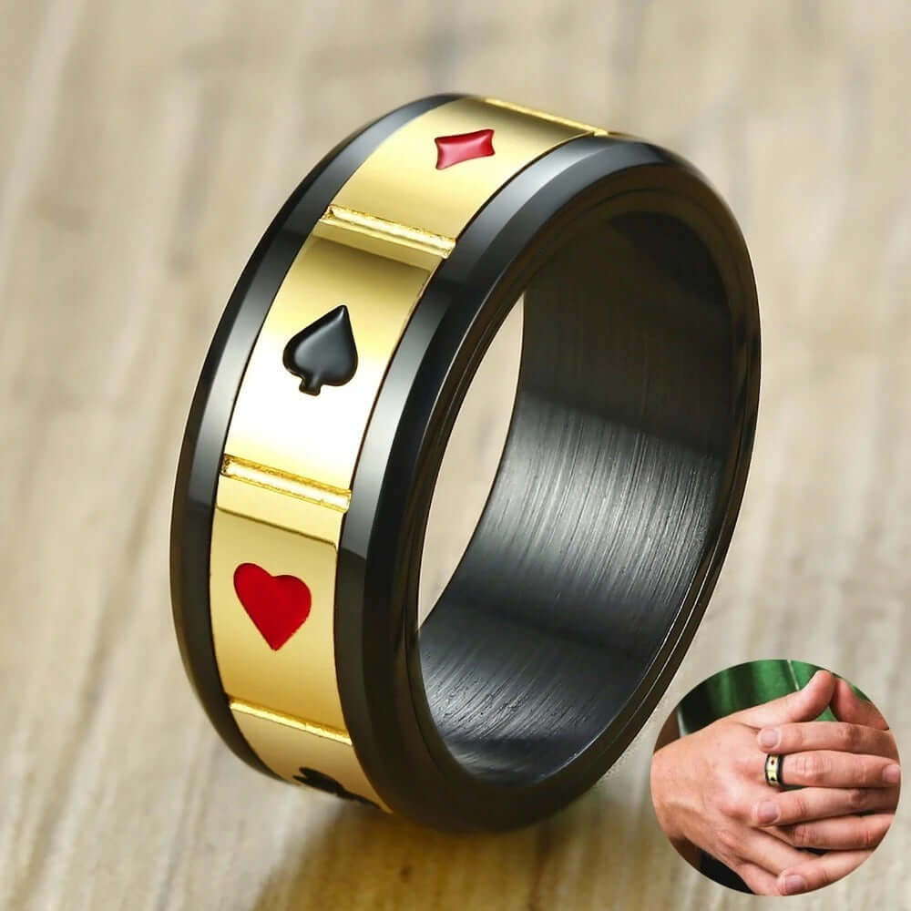 Men's Stainless-Steel Gold and Black Playing Card Poker Ring