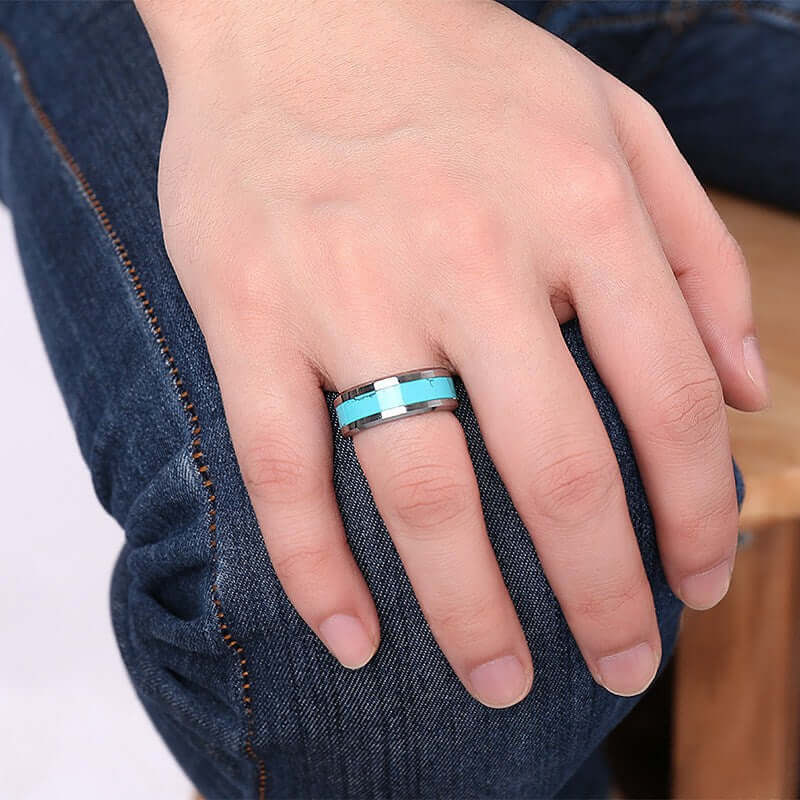 Mens Turquoise Tungsten Steel Ring