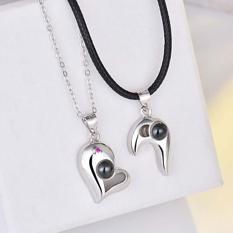 925 Sterling Silver Heart-Shaped Couples Photo Projection Necklaces