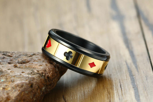 Men's Stainless-Steel Gold and Black Playing Card Poker Ring