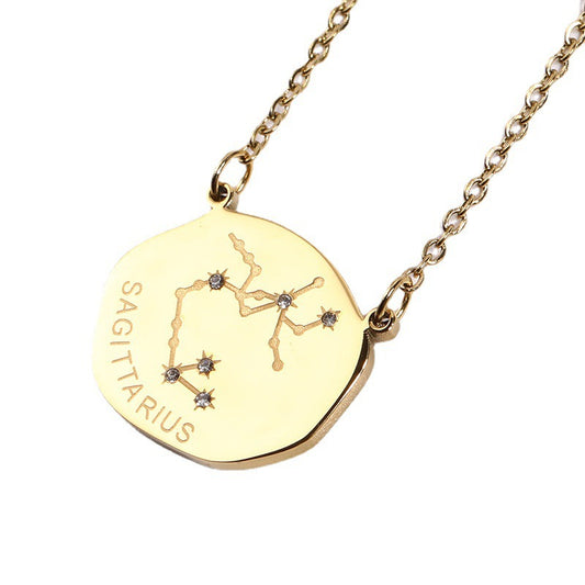 Zodiac Constellation Pendant Stainless-Steel Necklace Double Sided Zircon