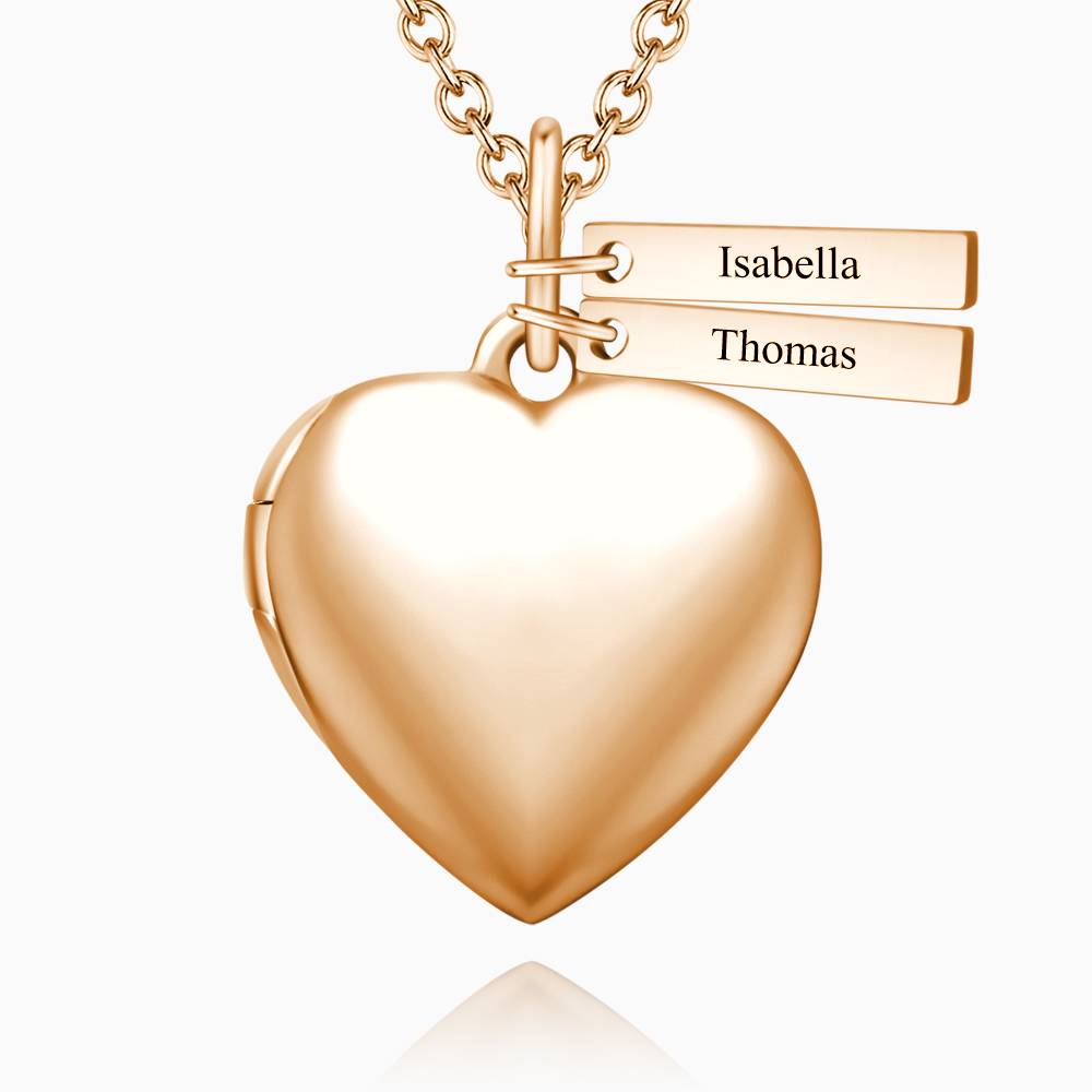 Personalized Custom Heart Photo Locket Necklace with Two Engraved Bars