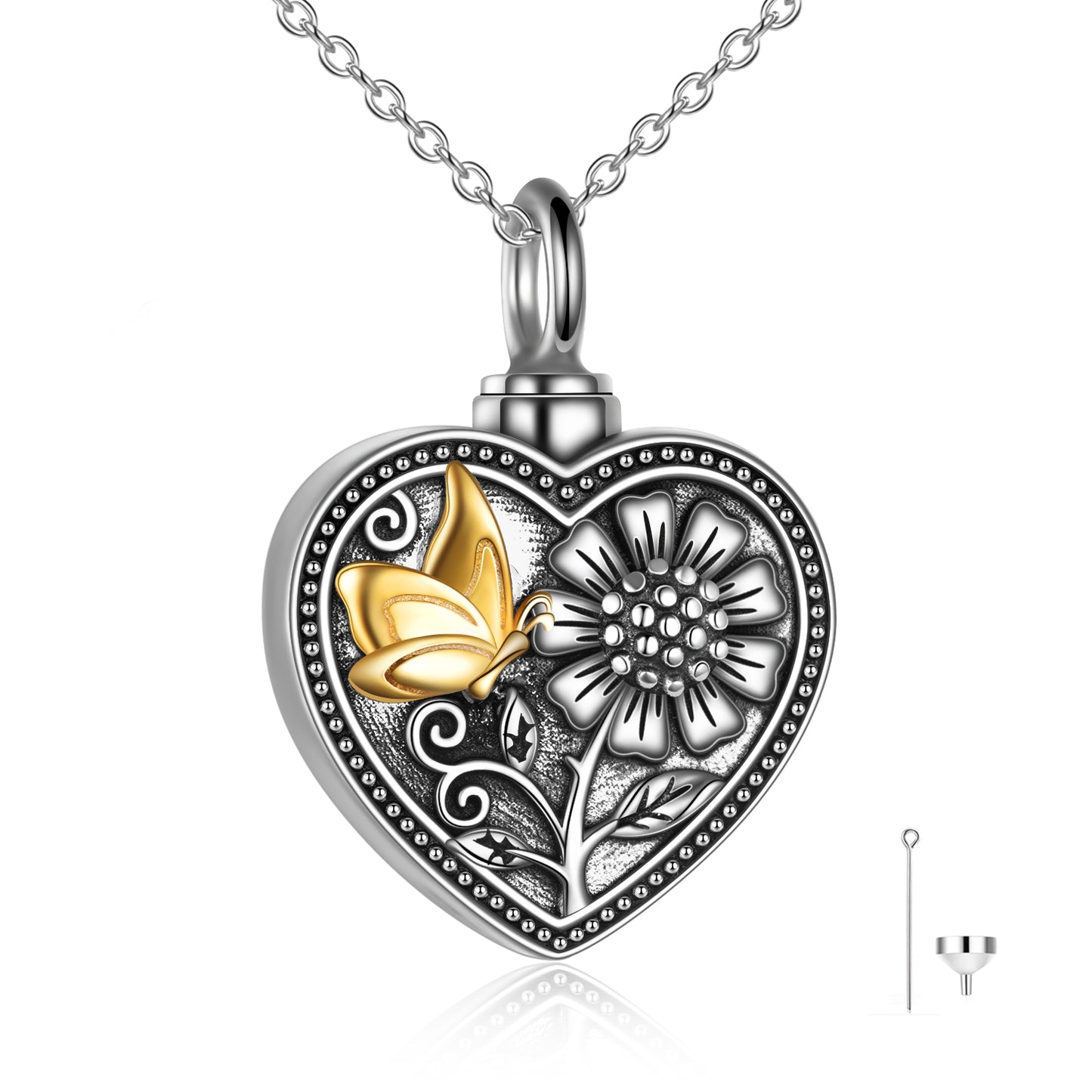 Sterling Silver Sunflower Butterfly Heart Urn Cremation Necklace - Premium necklace from Gift Me A Break - Just $65.99! Shop now at giftmeabreak