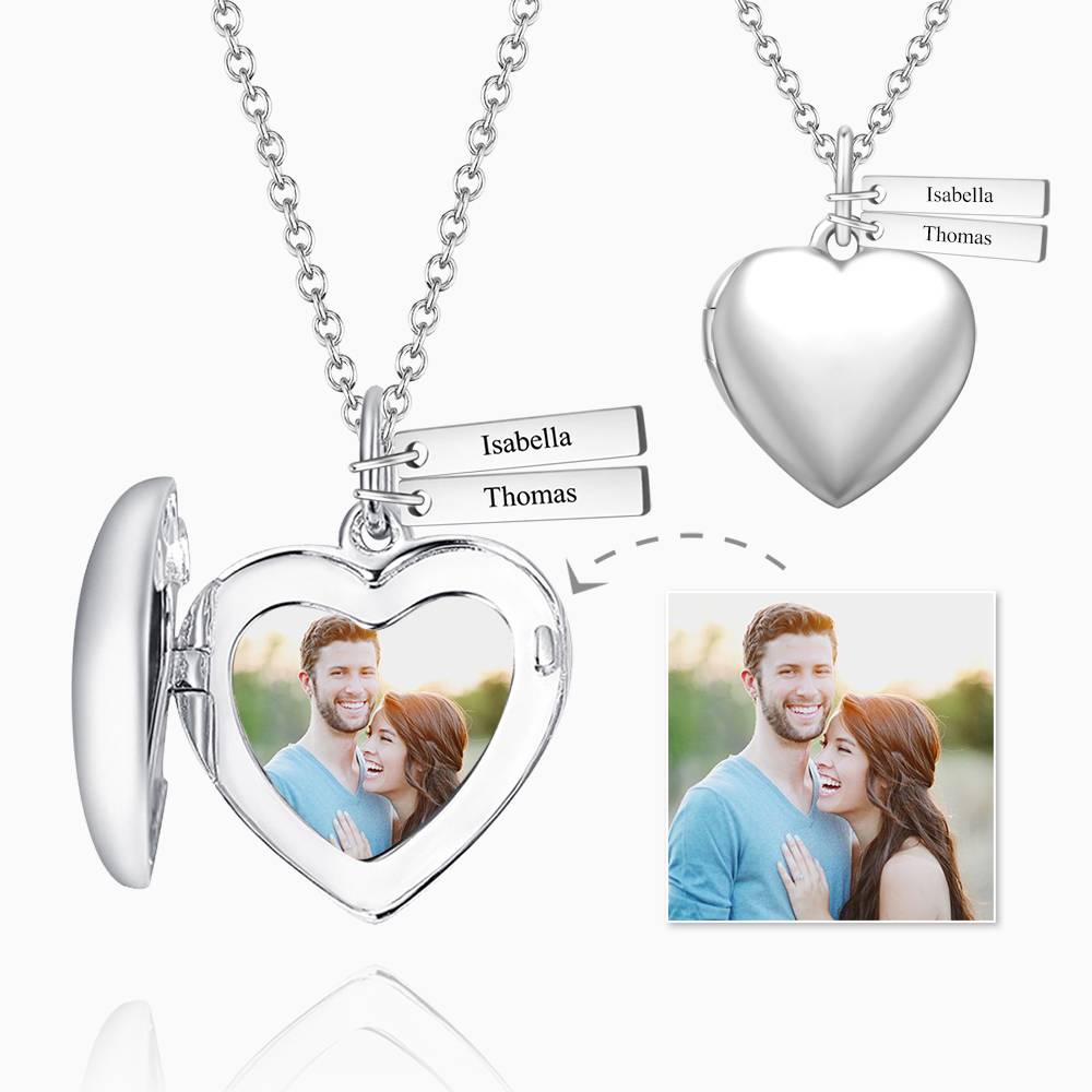 Personalized Custom Heart Photo Locket Necklace with Two Engraved Bars