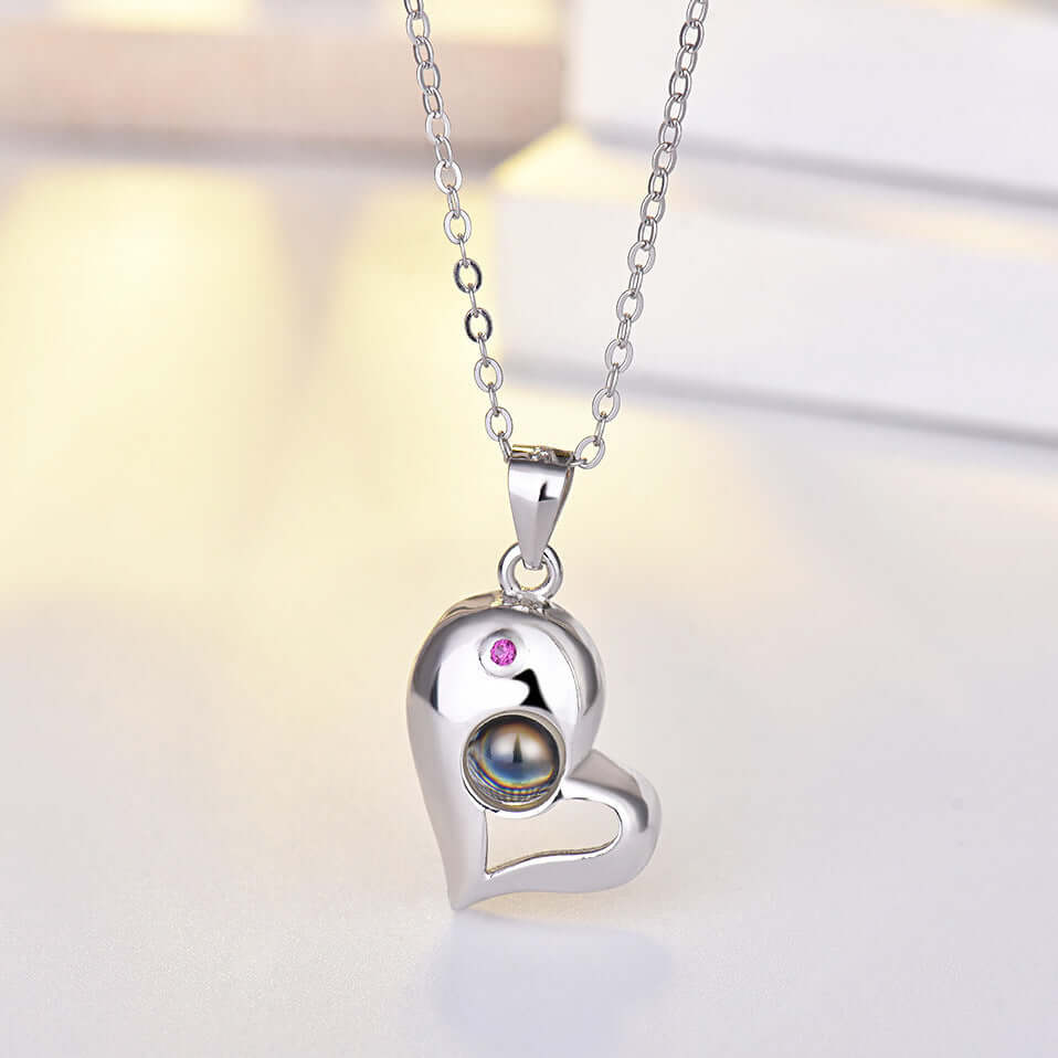 925 Sterling Silver Heart-Shaped Couples Photo Projection Necklaces