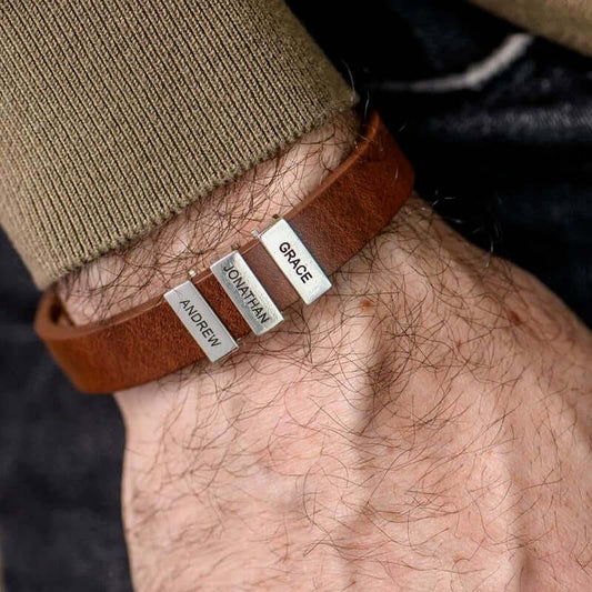 Men's Leather Custom Names Bracelet with Stainless Steel Beads - Premium bracelet from giftmeabreak - Just $17.99! Shop now at giftmeabreak