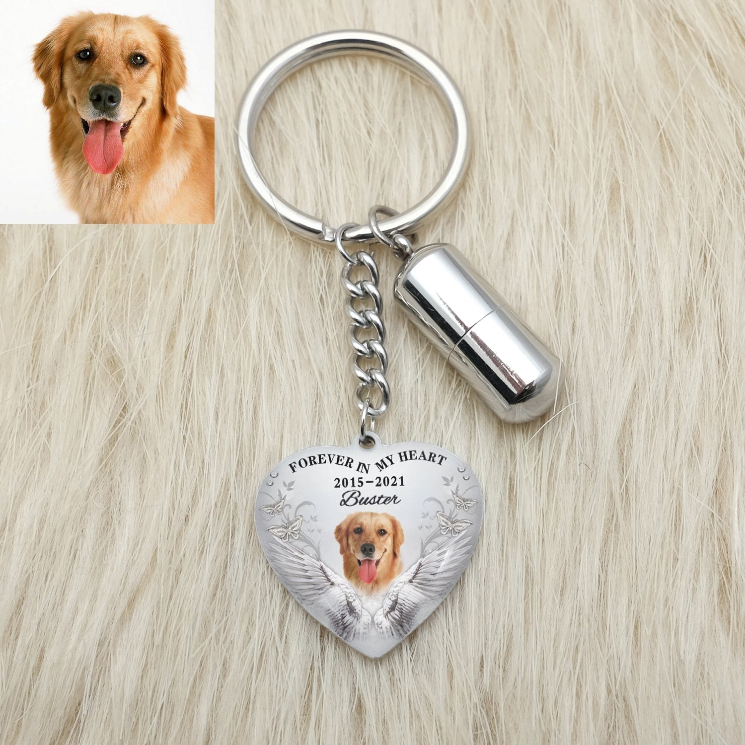 Personalized Heart Shaped Pet Photo Dog Bone Urn Keychain - Premium keychain from Gift Me A Break - Just $9.99! Shop now at giftmeabreak