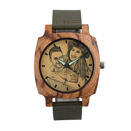 Men's Custom Engraved Leather Square Zebrawood Photo Watch - Premium watch from ideaplus - Just $60.99! Shop now at giftmeabreak