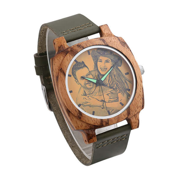 Men's Custom Engraved Leather Square Zebrawood Photo Watch