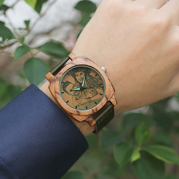 Men's Custom Engraved Leather Square Zebrawood Photo Watch