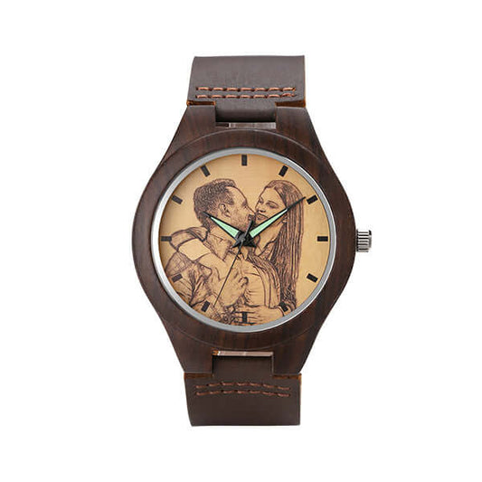 Men's Engraved Classic Wooden Leather Band Photo Watch