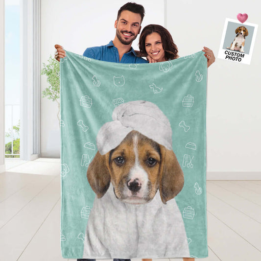 Personalized Custom Dog in Bathrobe Photo Blanket